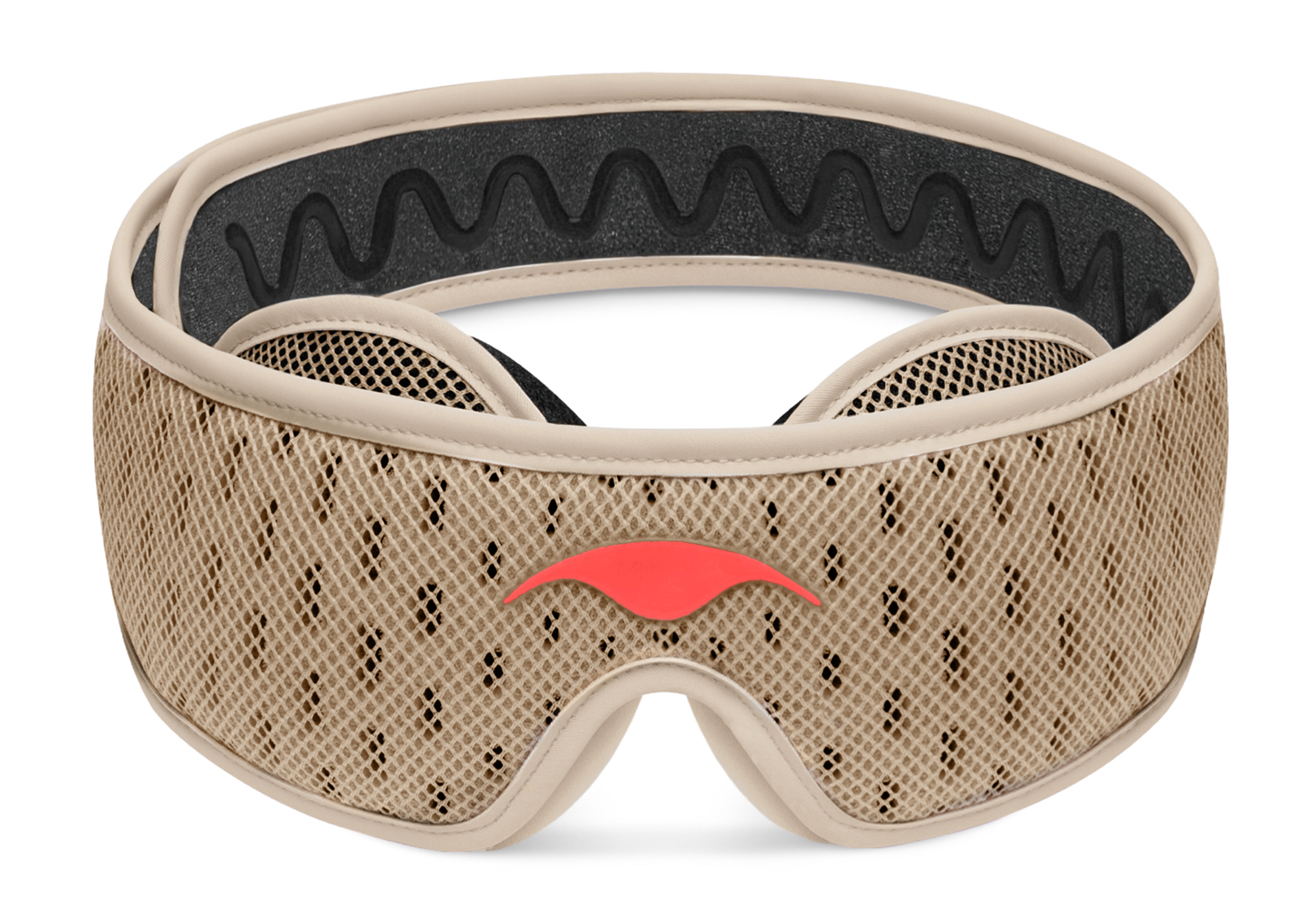 A beige mesh eye mask with a small red logo, against a plain white background.