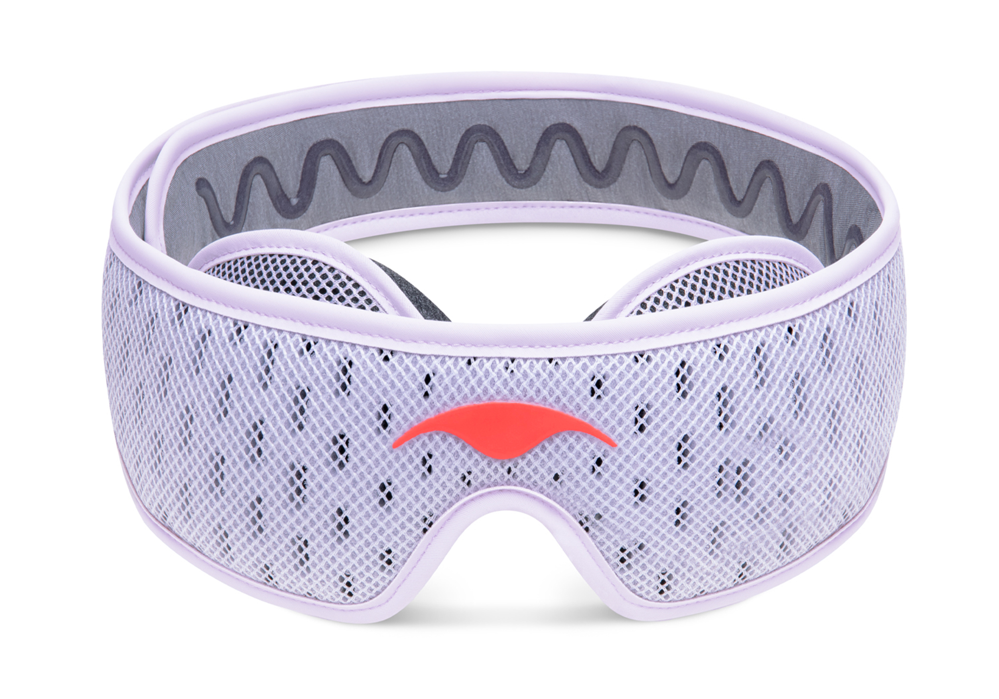 Purple fabric headband with a red emblem and mesh design.