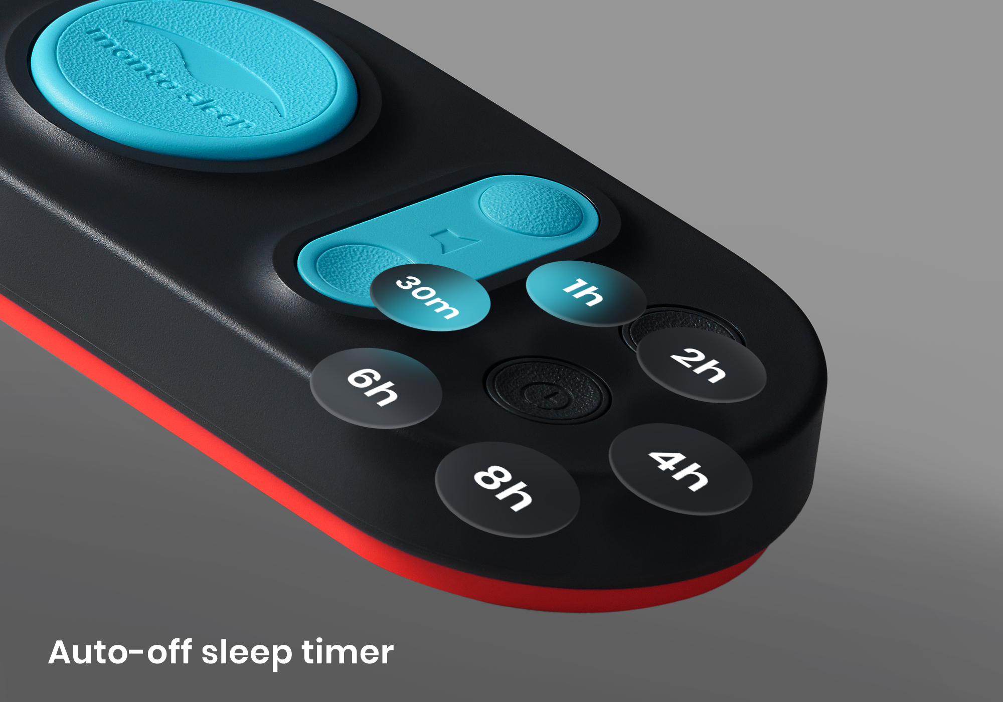 Black device with blue buttons labeled with sleep timer options.