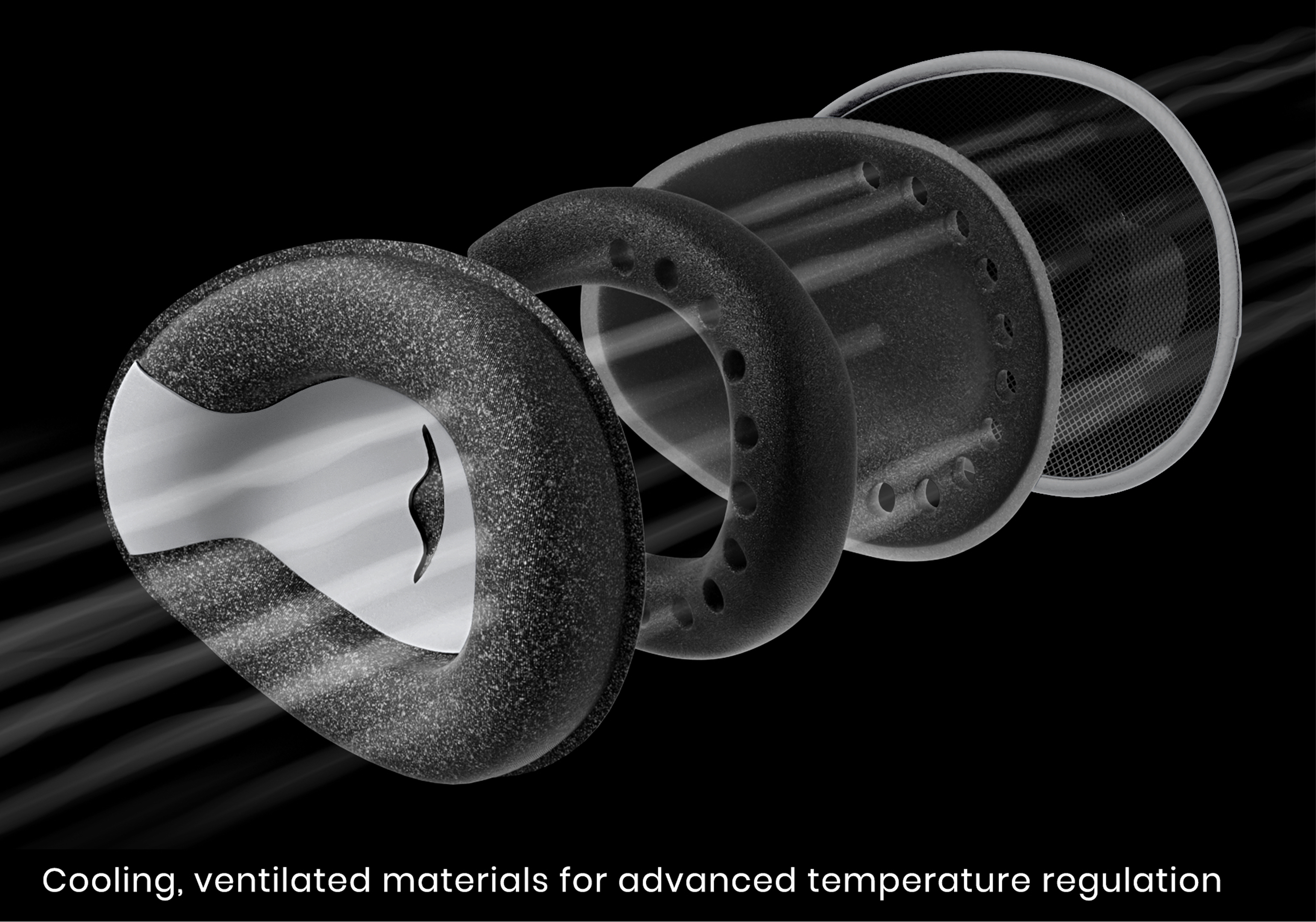 An exploded, black and white view of an object's layers, showing airflow for ventilation and cooling.