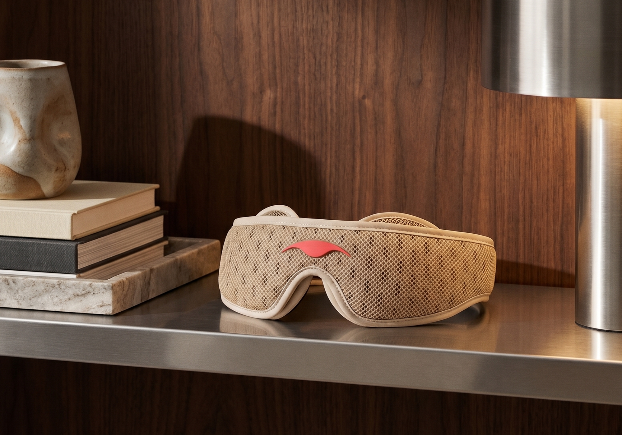 A beige, mesh eye mask with a red logo rests on a metal shelf next to some books.