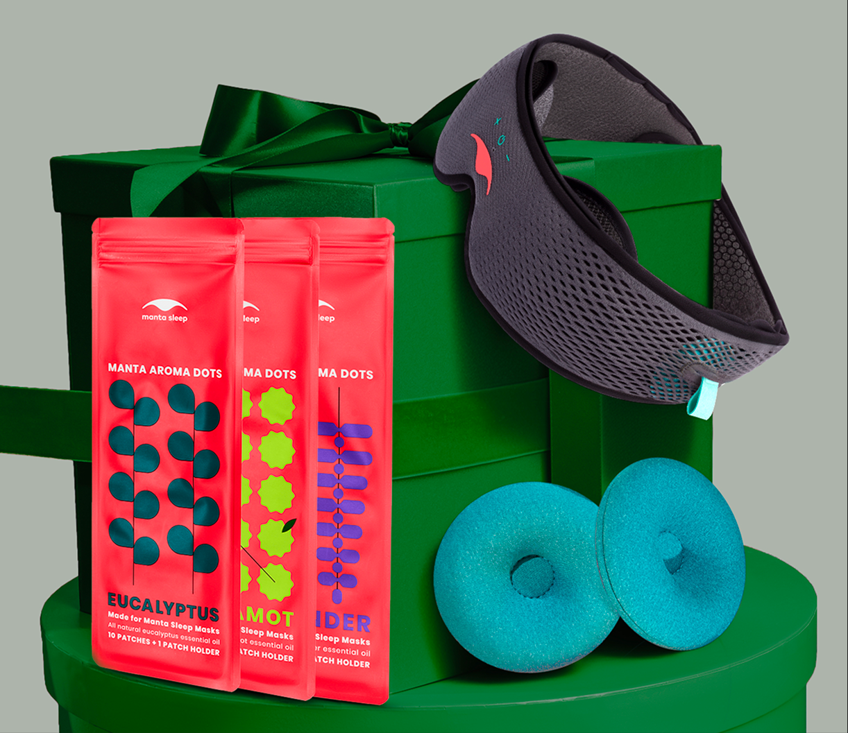 Sleep mask and aroma dots on a green gift box.