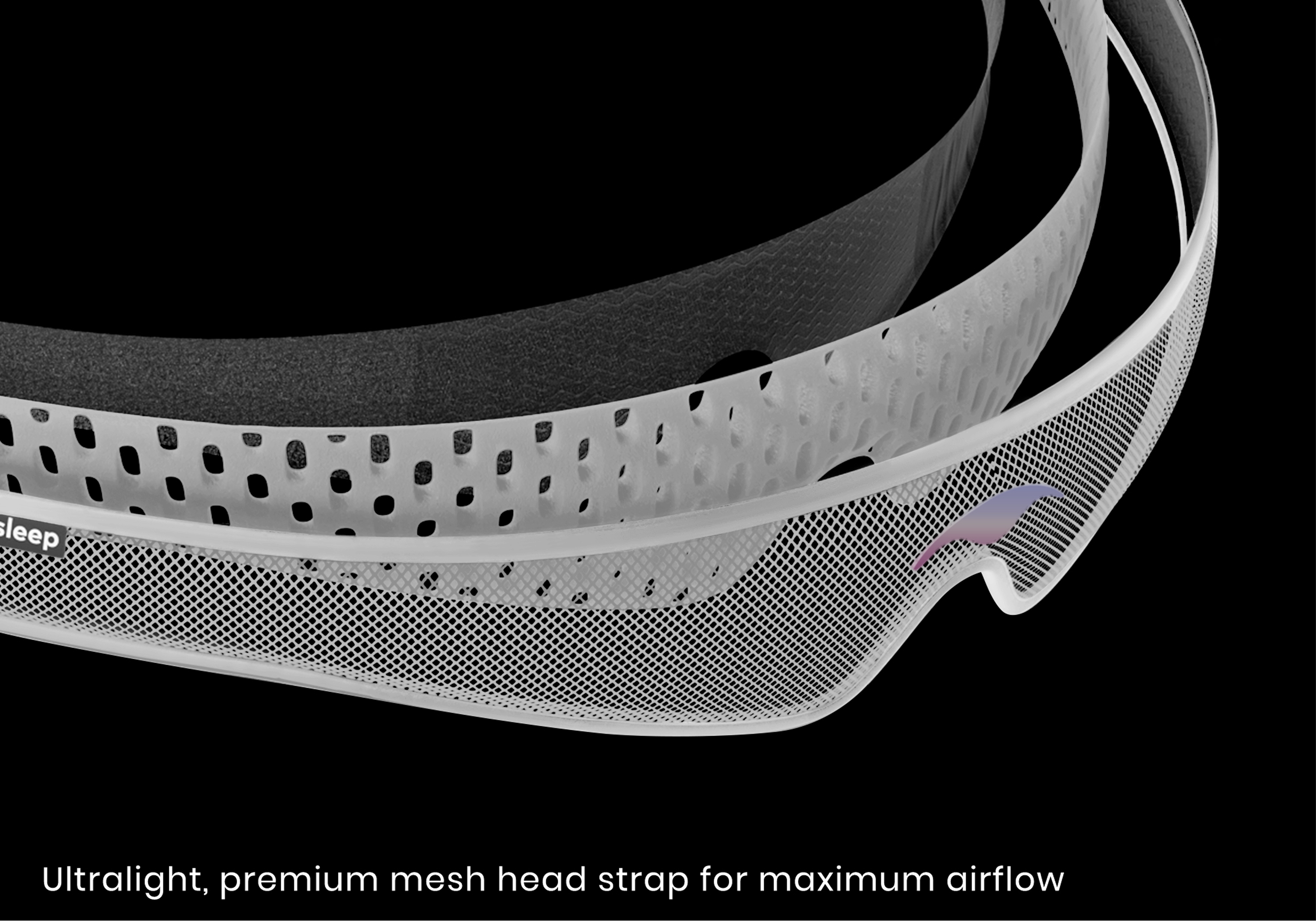 A close-up showing the multiple layers of a white, premium mesh head strap against a black background.