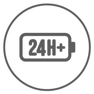 Icon of a battery with '24H+' inside, indicating long battery life.
