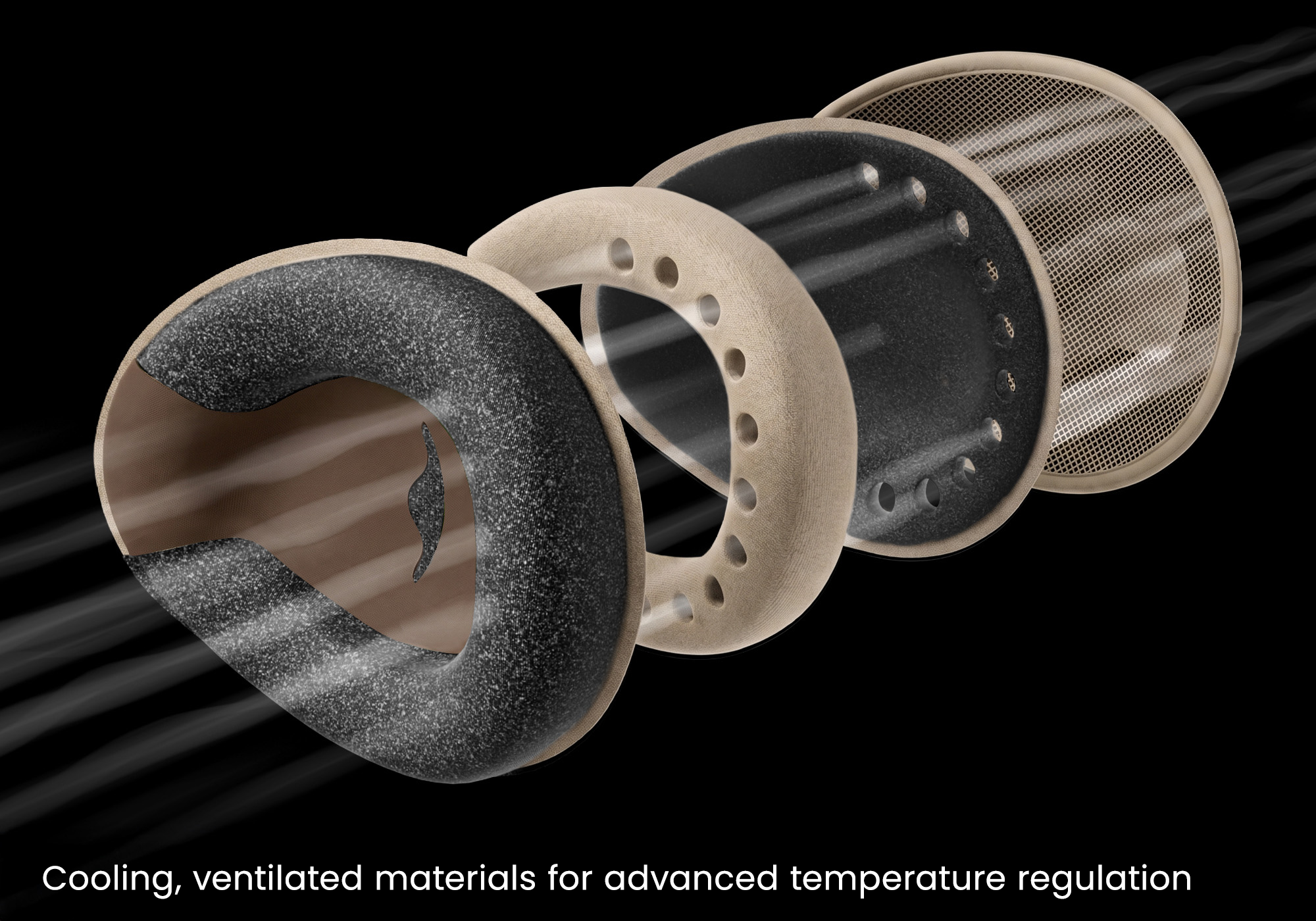 An exploded view of a circular cushion showing its multiple ventilated layers for cooling and temperature regulation.