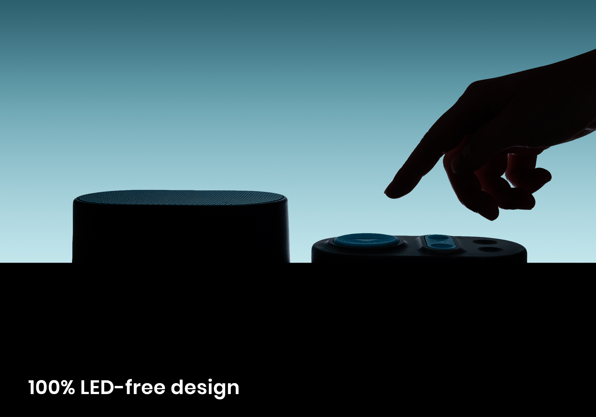 Silhouette of a hand touching a button on a device against a blue background.