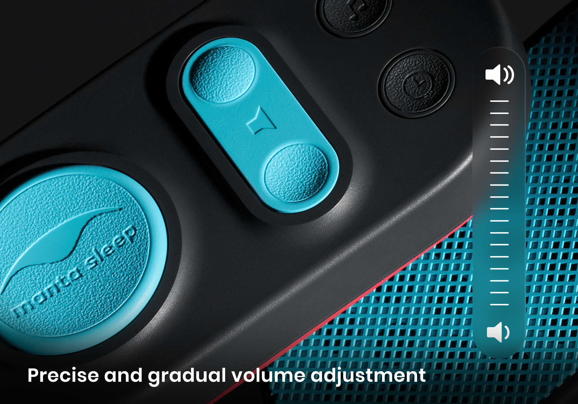 Close-up of volume control buttons with a turquoise design and a volume slider graphic.