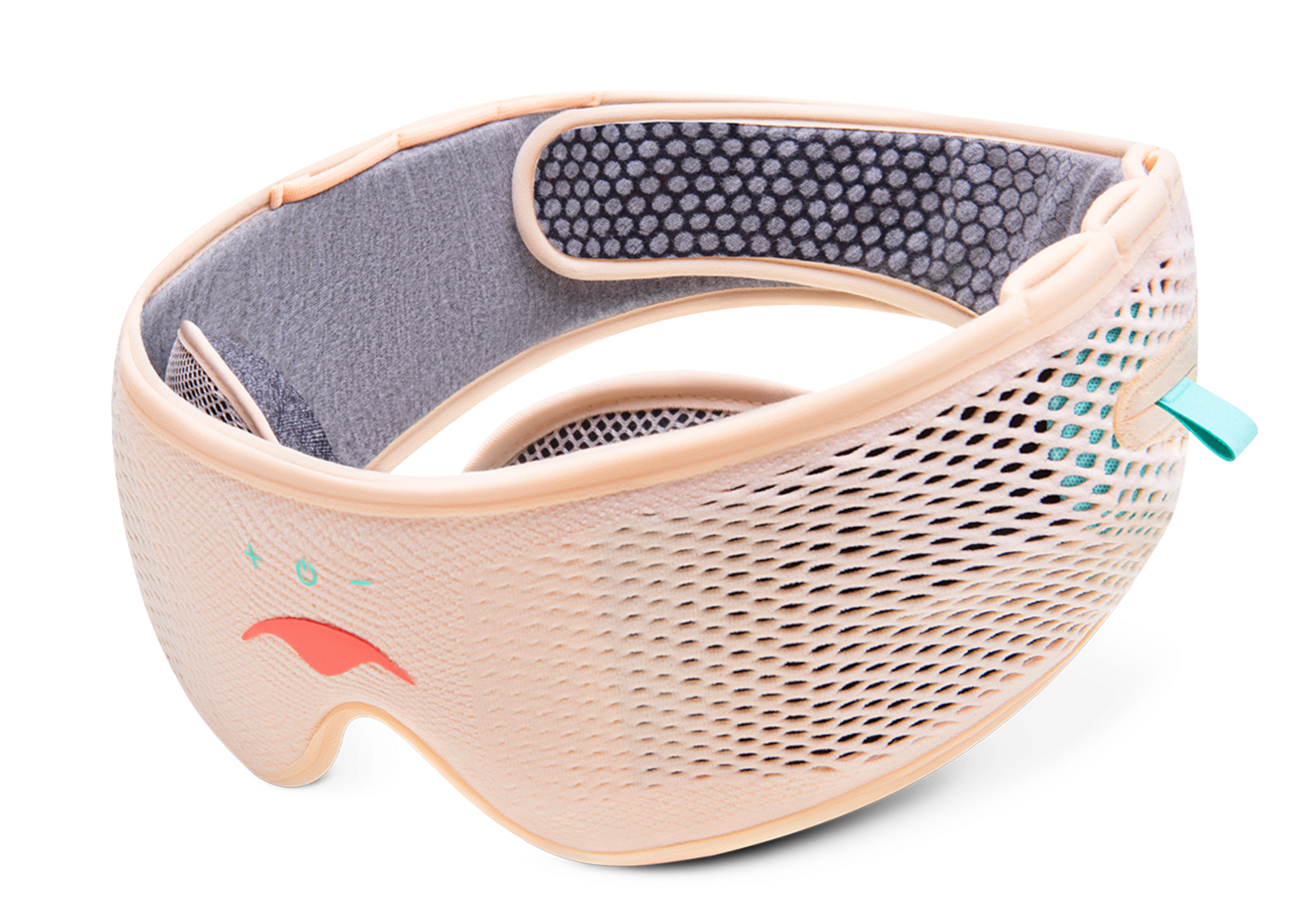 Beige mesh and padded sleep mask with teal accents and wavy design.