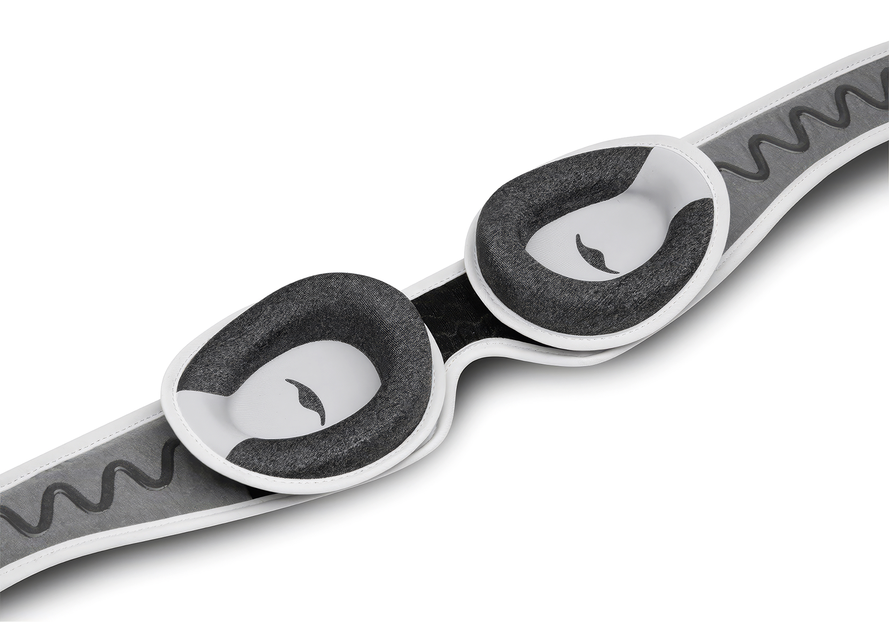 A close-up of a white and grey padded eye mask with a wavy grip strap against a white background.