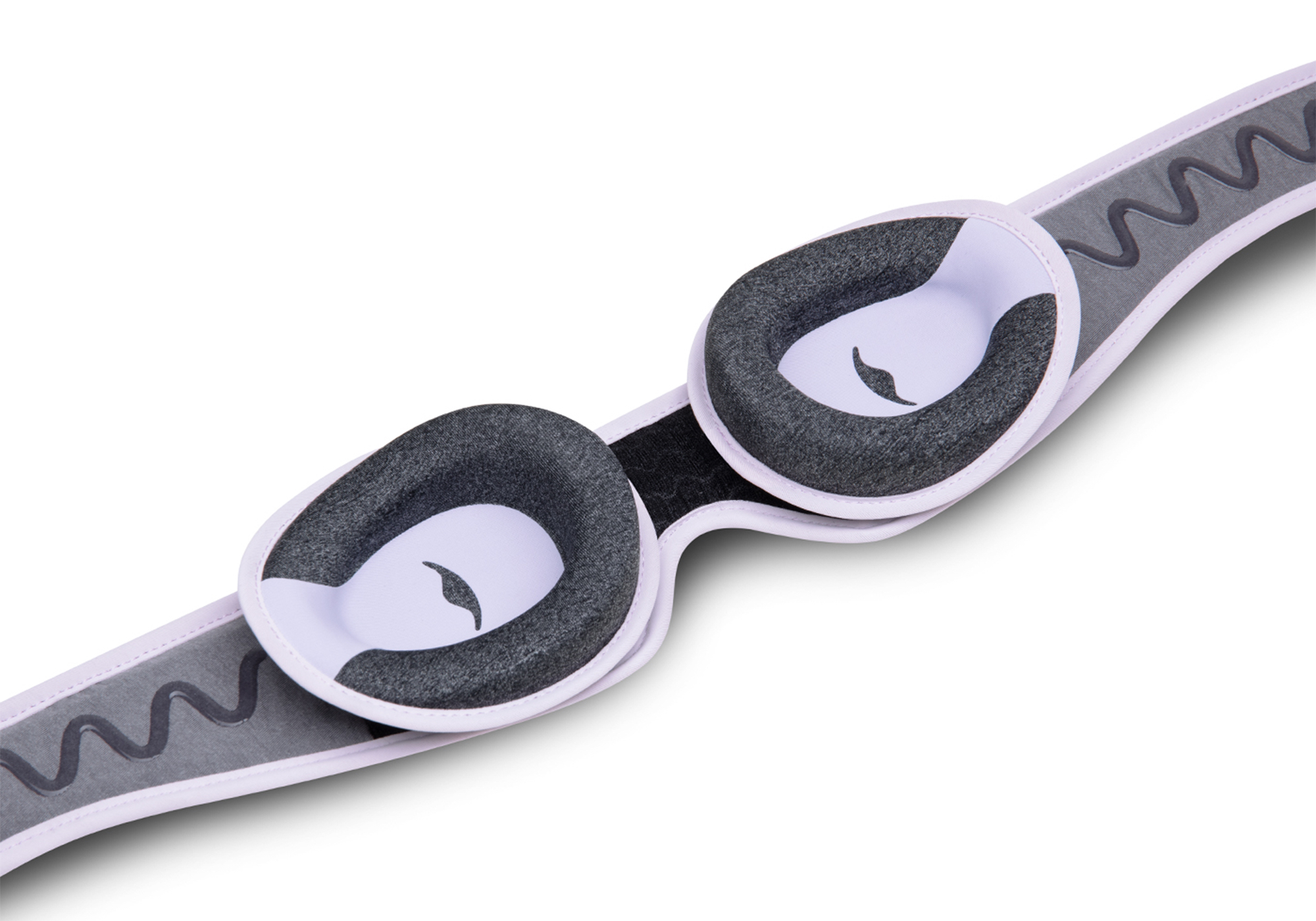 A pair of gray and purple goggles with cushioned eye pads.