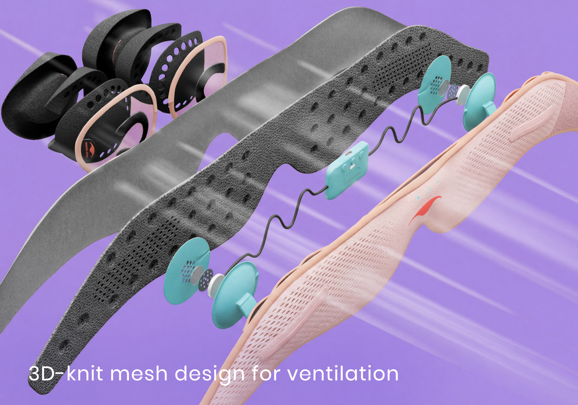 Exploded view of 3D mesh goggles showcasing components for ventilation.