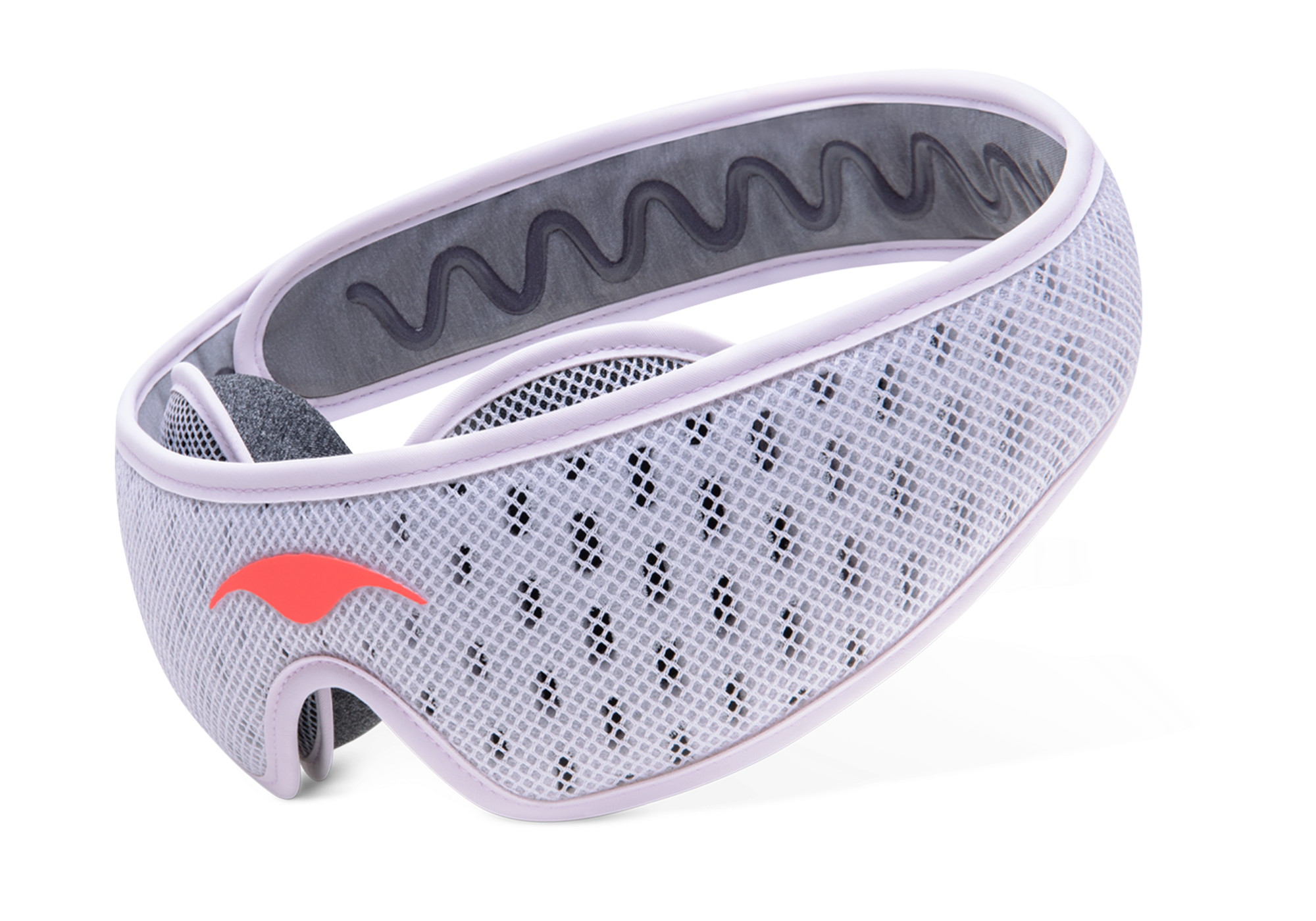 A white and pink mesh headband with a curved design and a red accent.