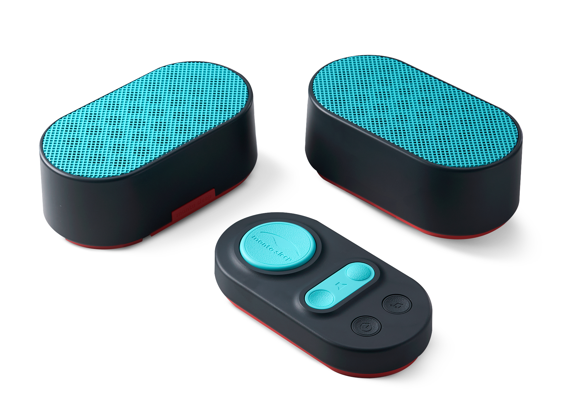 Two oval speakers and a remote with turquoise accents.