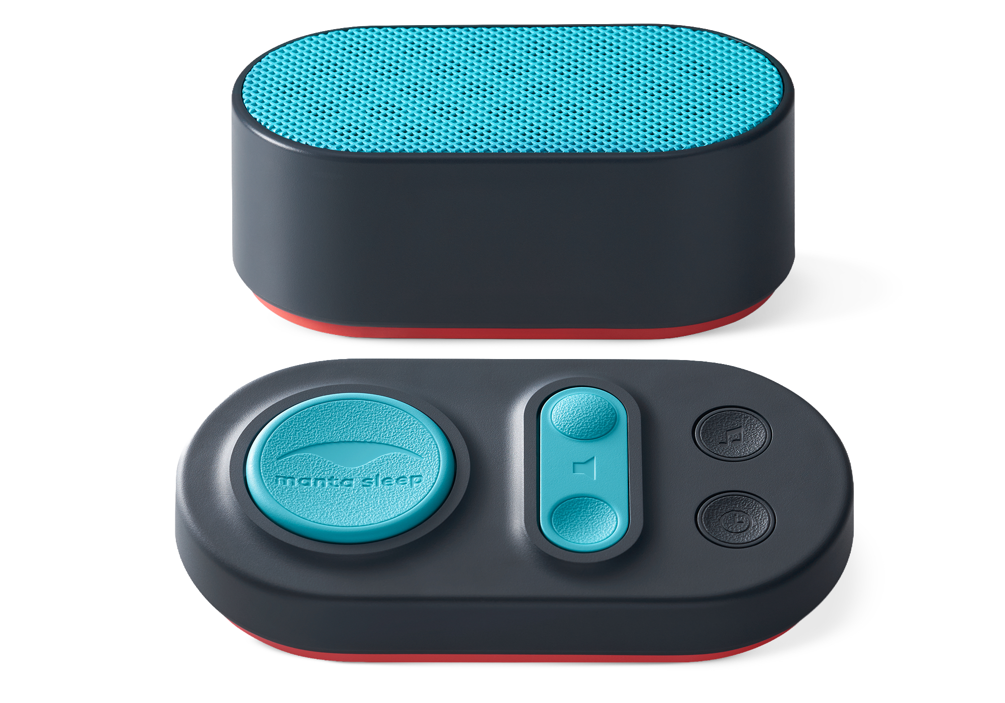 Oval speaker with turquoise top and control panel below.
