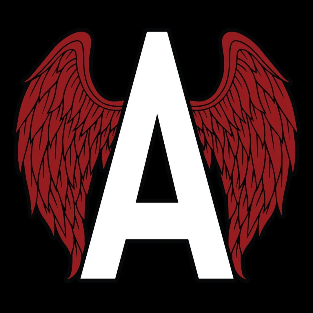 White letter 'A' with red wings on a black background.