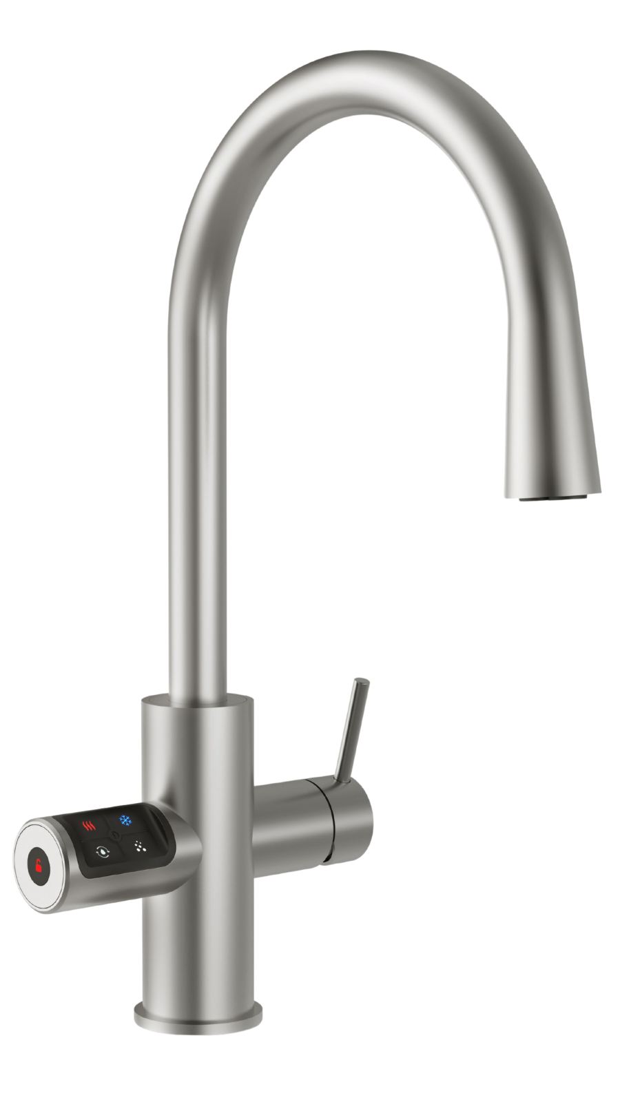 Modern stainless steel kitchen faucet with digital controls.