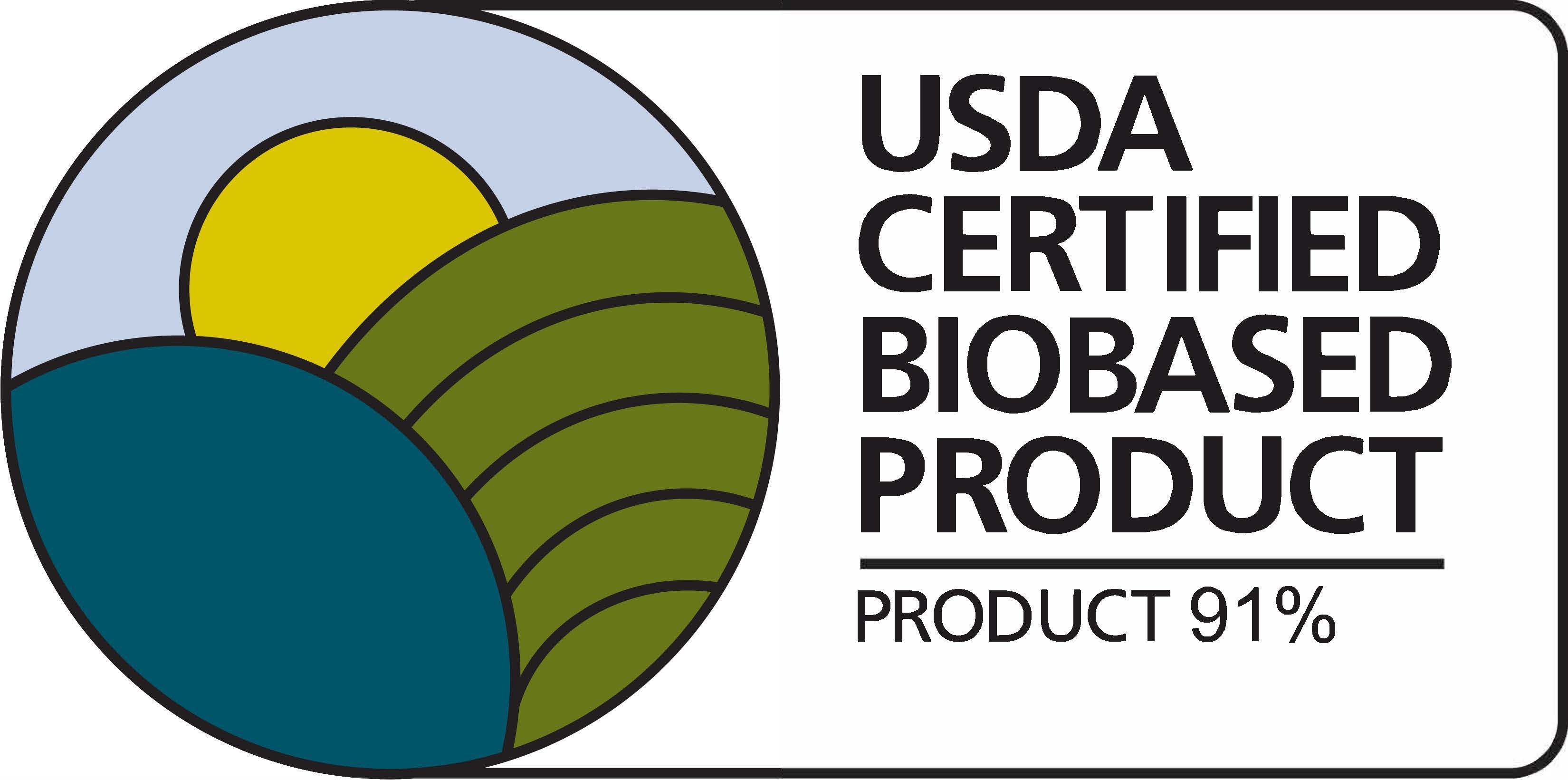 A label reading 'USDA Certified Biobased Product, Product 91%' with a stylized landscape graphic.