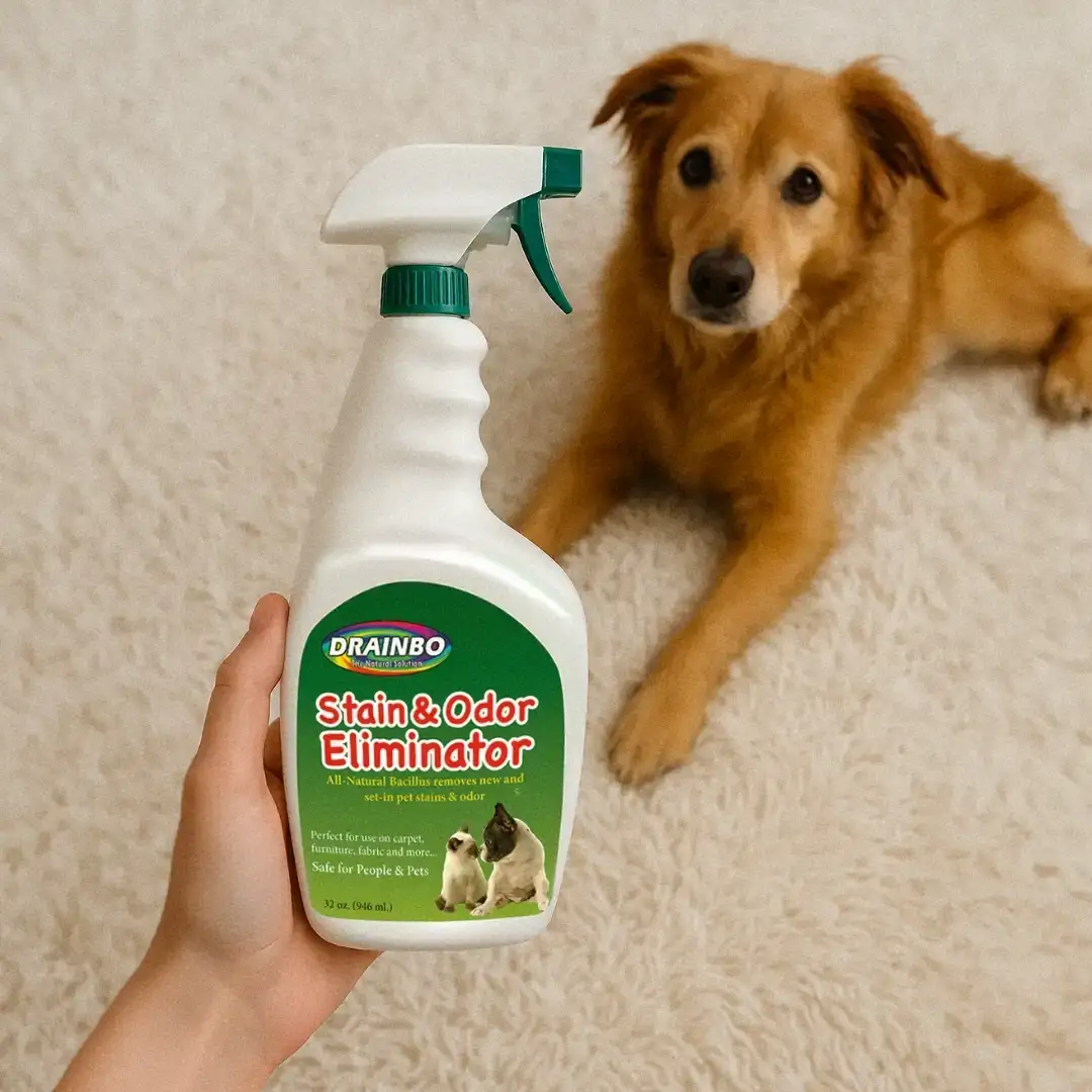 Hand holding a stain and odor eliminator bottle near a dog on a carpet.