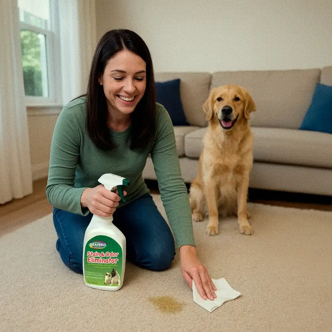 Woman cleaning carpet stain with spray bottle, dog sitting nearby.