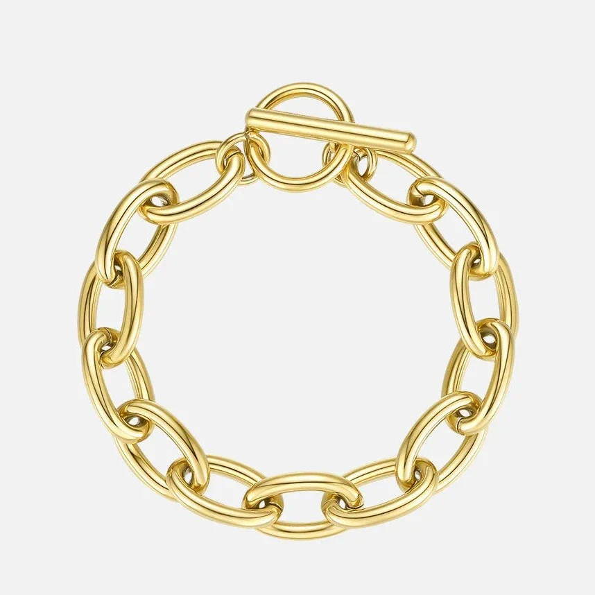 Gold chain bracelet with a toggle clasp on a white background.