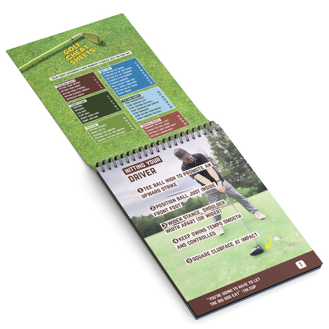 A spiral-bound 'Golf Cheat Sheets' book open to a page with tips for hitting a driver.