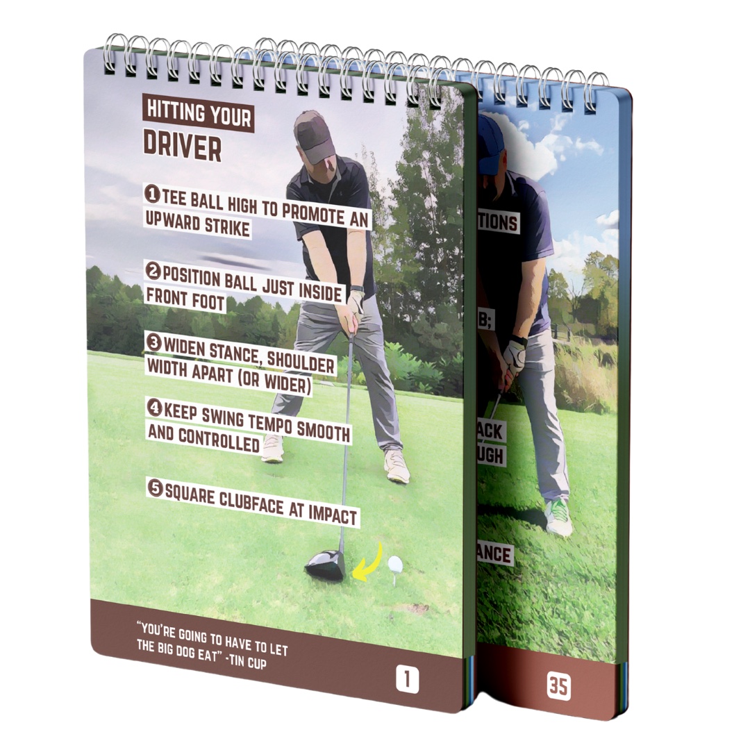 A spiral-bound golf instruction book open to a page with tips on hitting your driver.