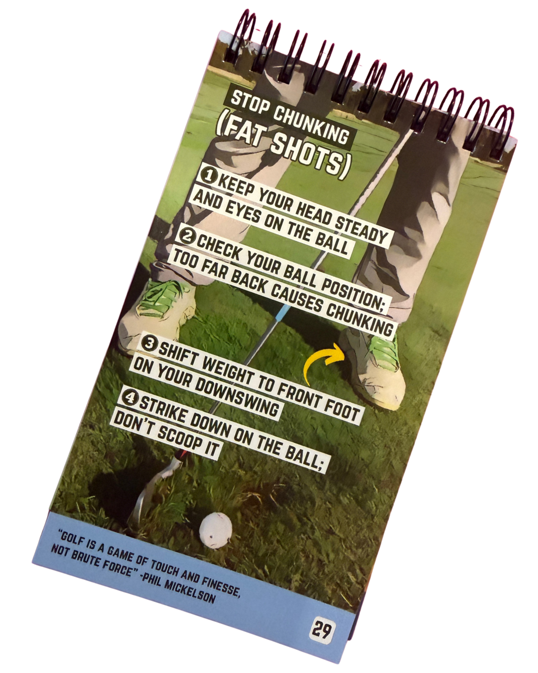 A page from a spiral-bound golf instruction book with tips on how to stop chunking shots.
