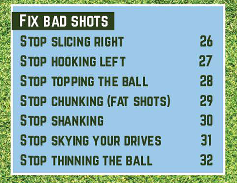List of golf tips to fix bad shots on a blue background.