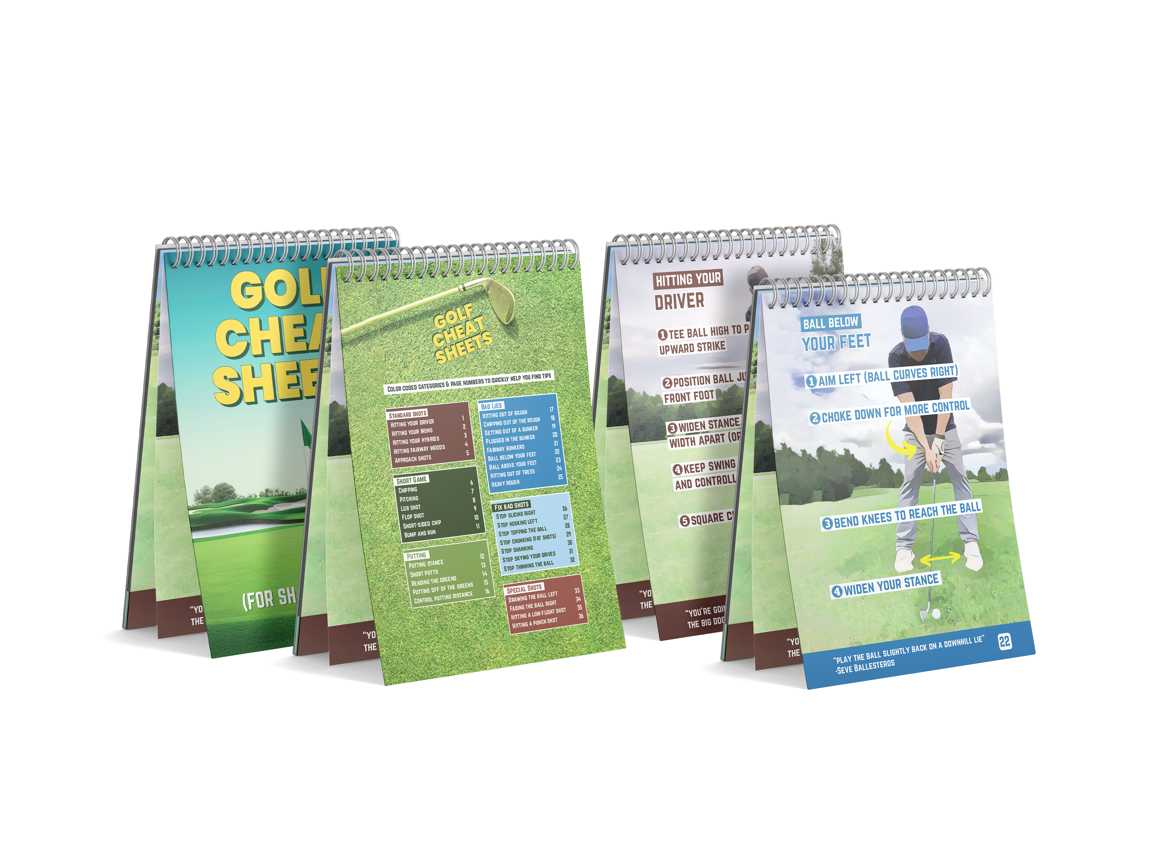Four spiral-bound golf cheat sheets with tips and illustrations.