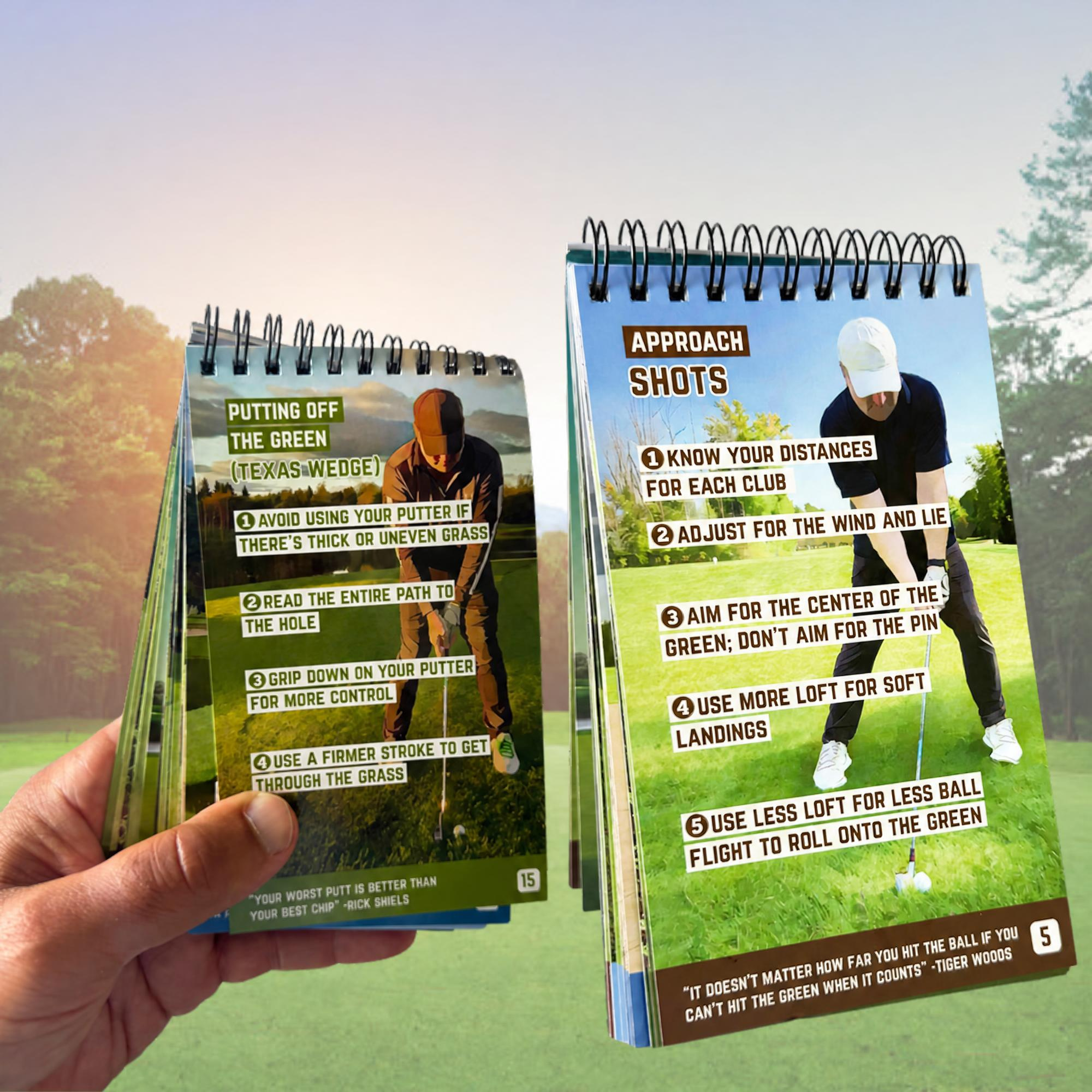 Two spiral-bound golf instruction booklets with tips for getting out of a bunker.