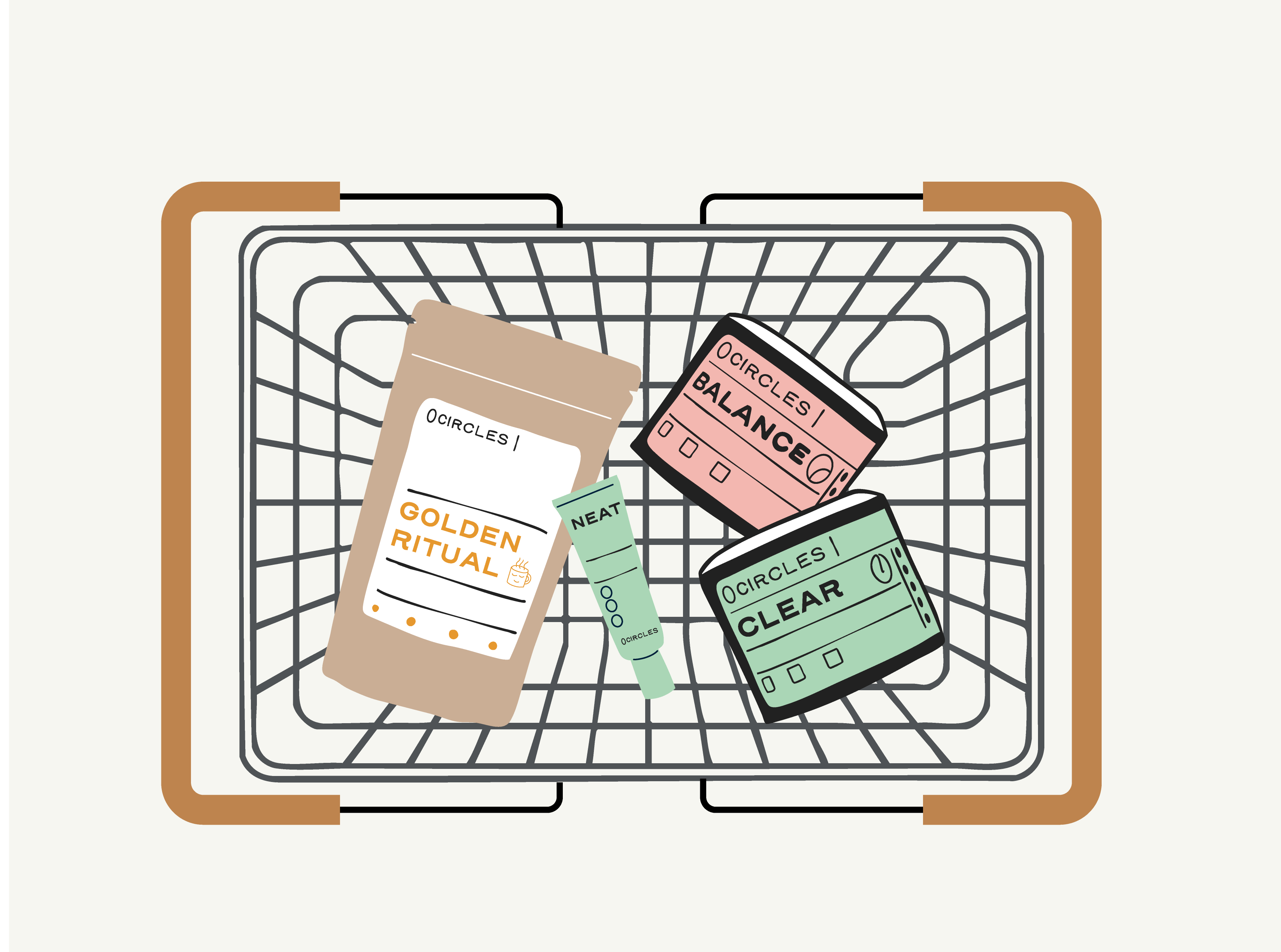 Illustration of a shopping basket with various packaged products inside.