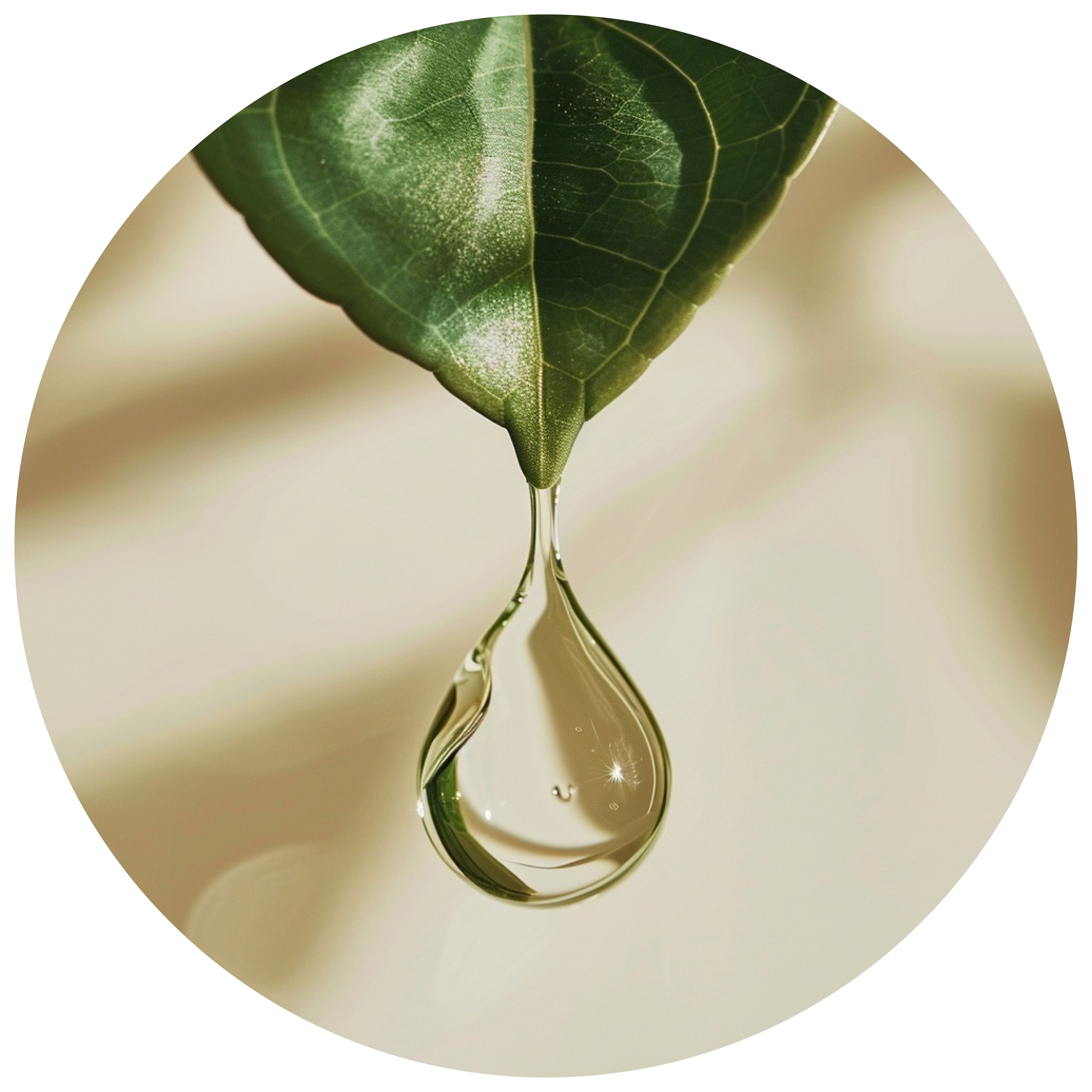 A leaf with a droplet of liquid hanging from it.