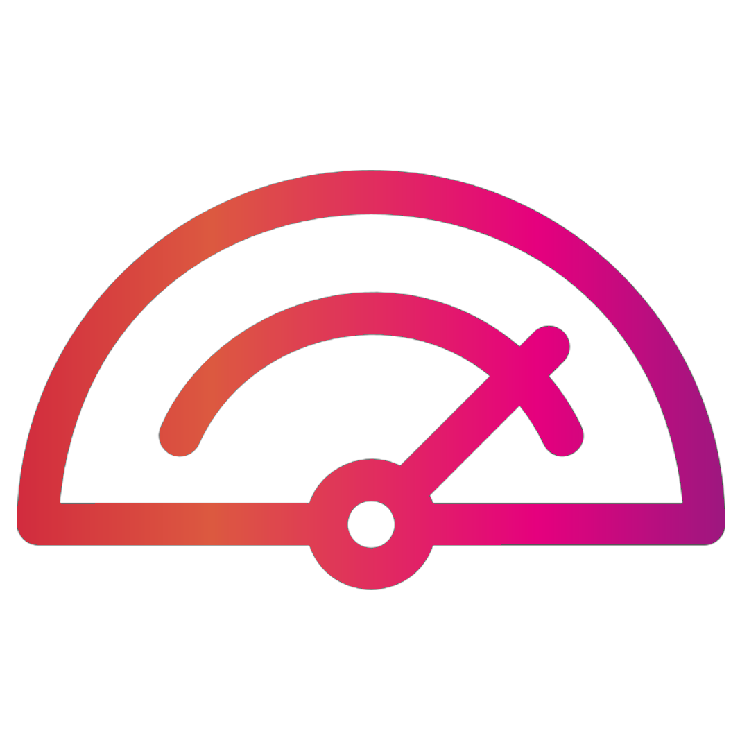 Gradient speedometer icon with a needle pointing to the right.