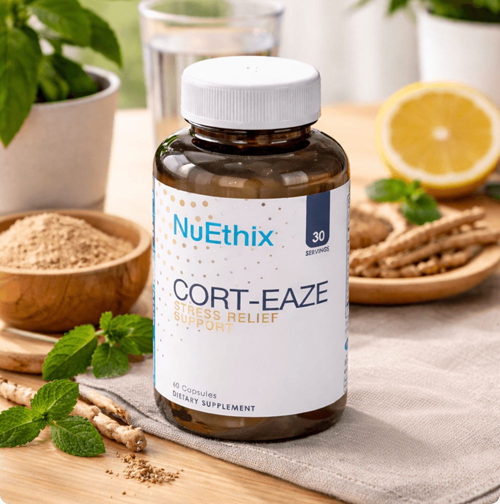 A bottle of NuEthix Cort-Eaze supplements on a table with ingredients like mint, roots, and lemon.