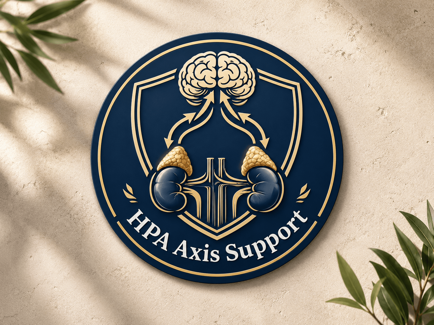 A circular blue and gold logo for 'HPA Axis Support' depicting the brain and adrenal glands.