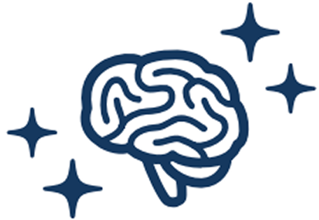 A dark blue line drawing of a brain surrounded by sparkles against a white background.