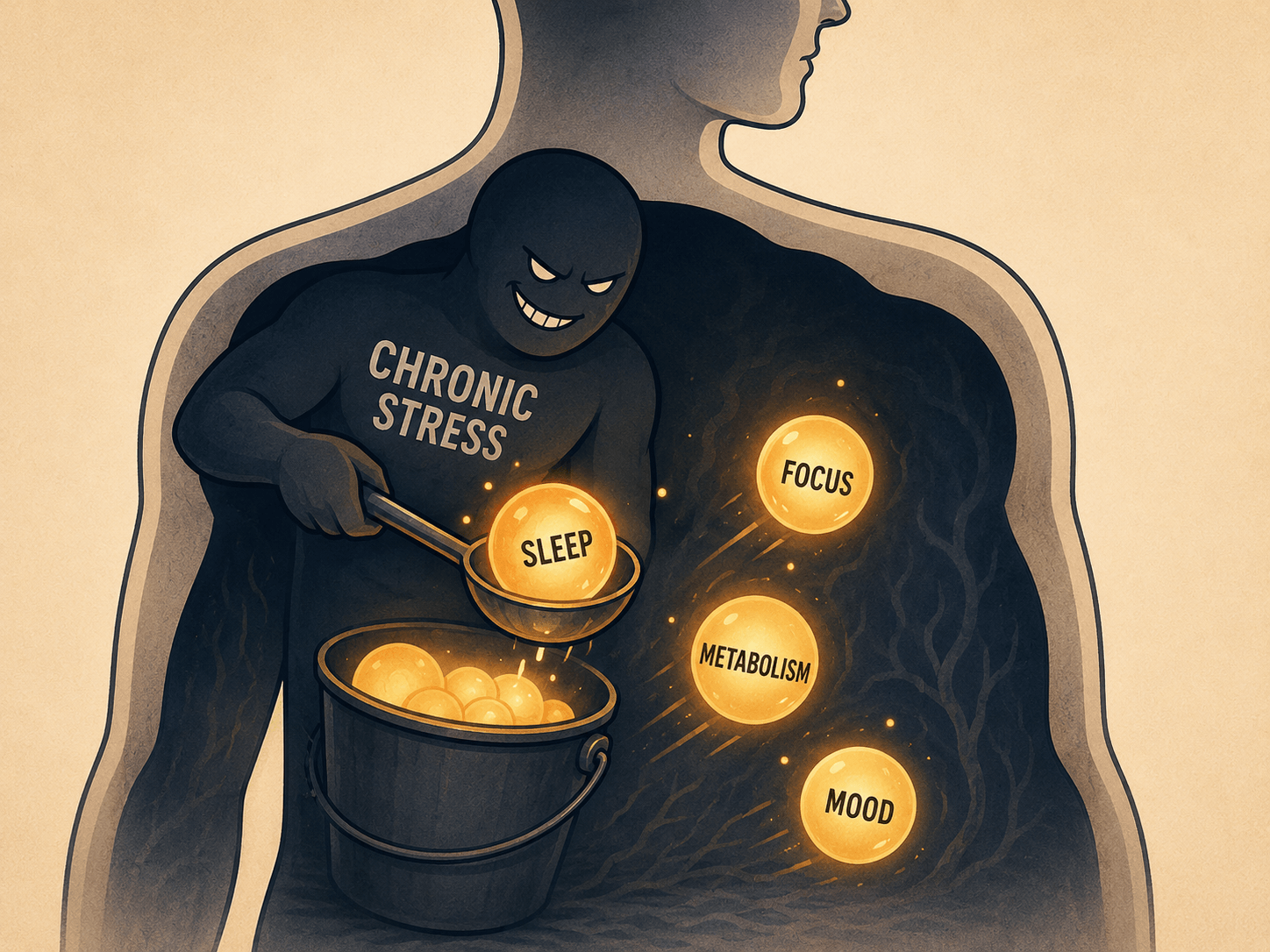 An illustration of a creature labeled 'Chronic Stress' stealing glowing orbs of sleep, focus, metabolism, and mood.