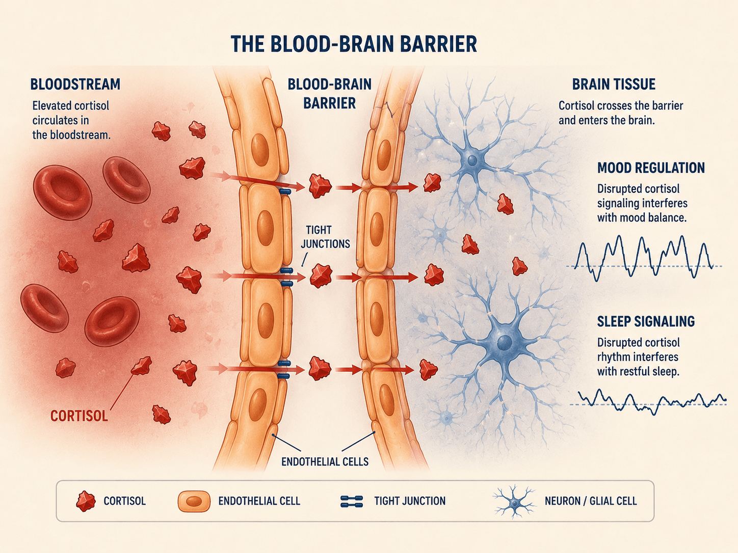 An infographic illustrating how cortisol crosses the blood-brain barrier from the bloodstream into brain tissue.
