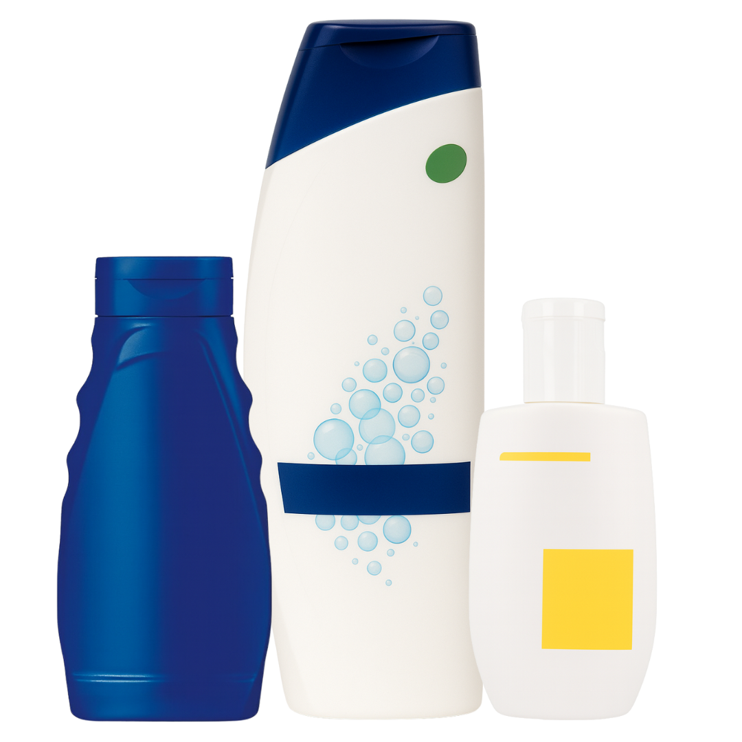 Three shampoo and lotion bottles with varied designs and colors.