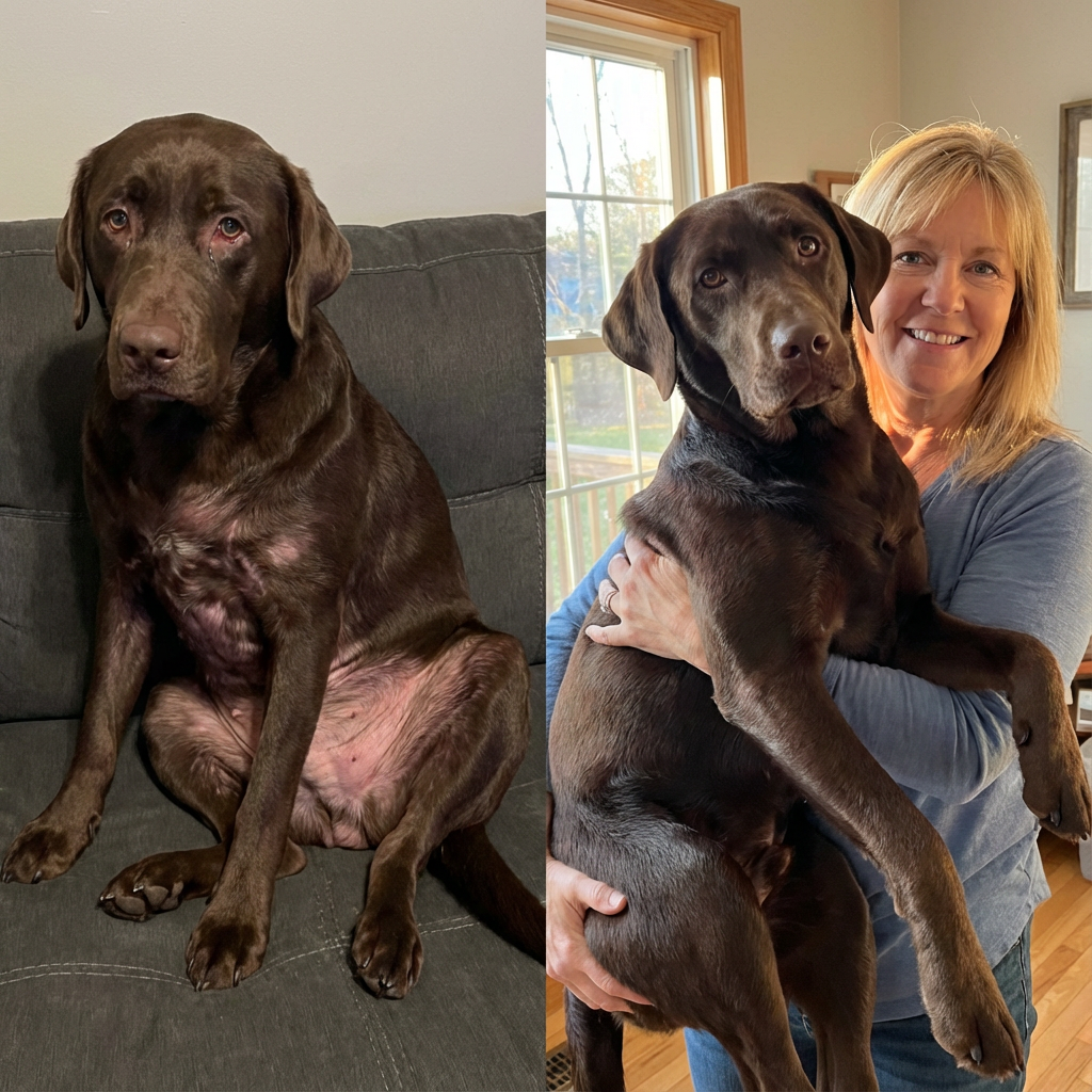 A diptych showing a chocolate lab sitting on a couch and then being held by a smiling woman.