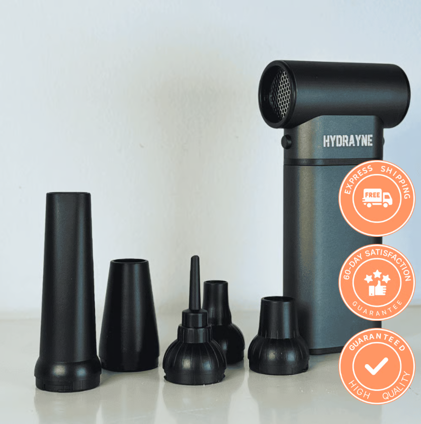 A device with multiple black attachments, labeled 'Hydrayne,' next to quality assurance badges.