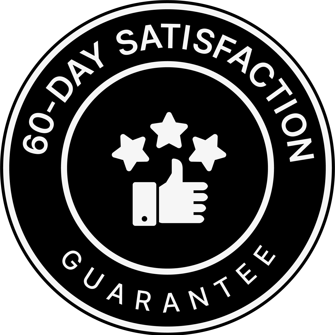 60-day satisfaction guarantee badge, assuring customers of product quality and commitment to customer satisfaction.