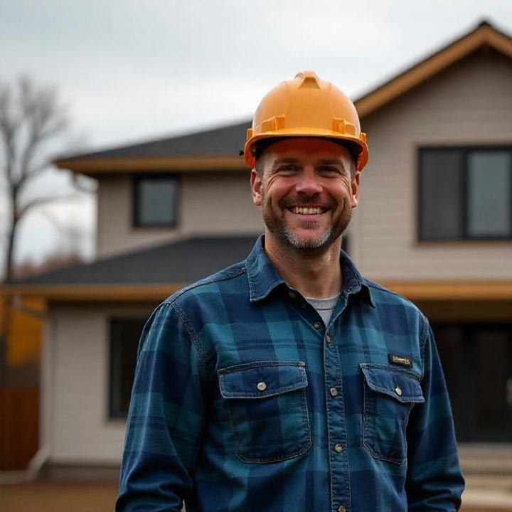 Smiling man in a hard hat standing in front of a house.