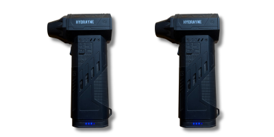 A pair of black Hydrayne handheld massage guns shown side-by-side against a white background.