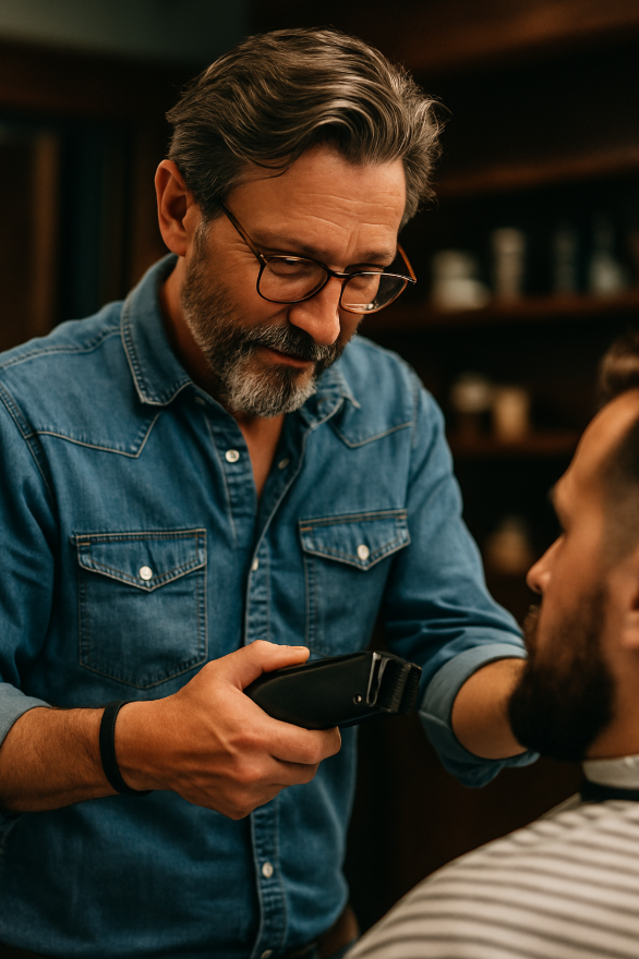 Man in denim shirt trimming another man's beard with clippers.