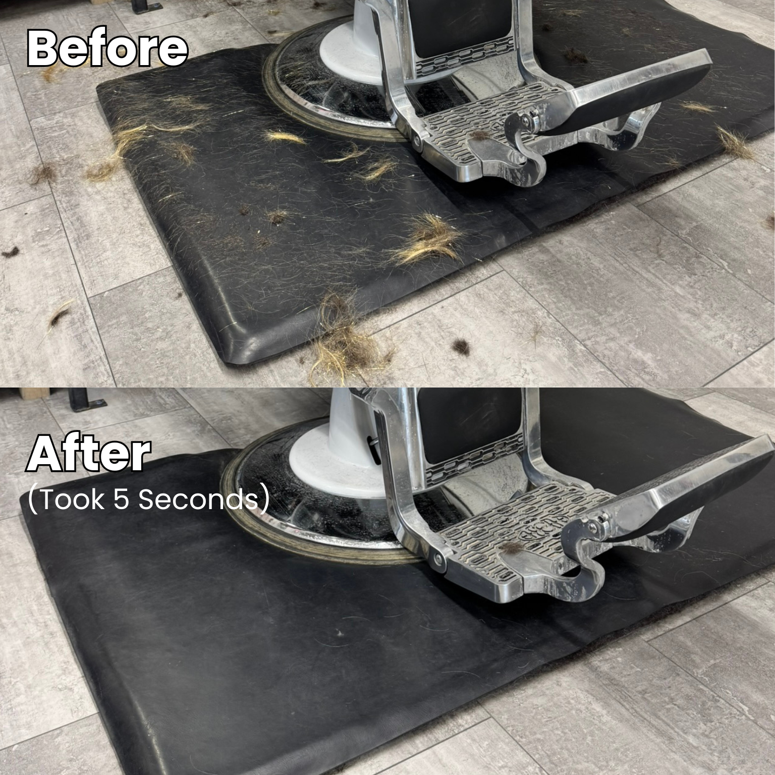Before and after cleaning hair from a salon floor mat.