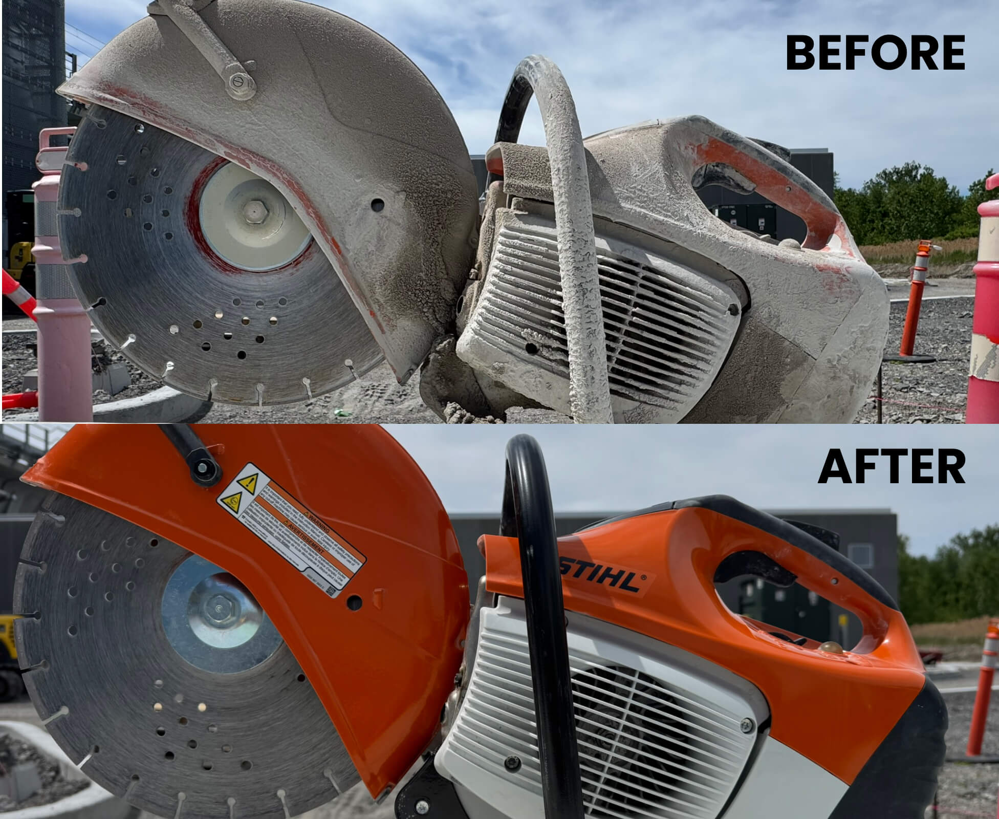 A concrete cutting machine in operation, with a blade slicing through a large slab of concrete on a construction site.