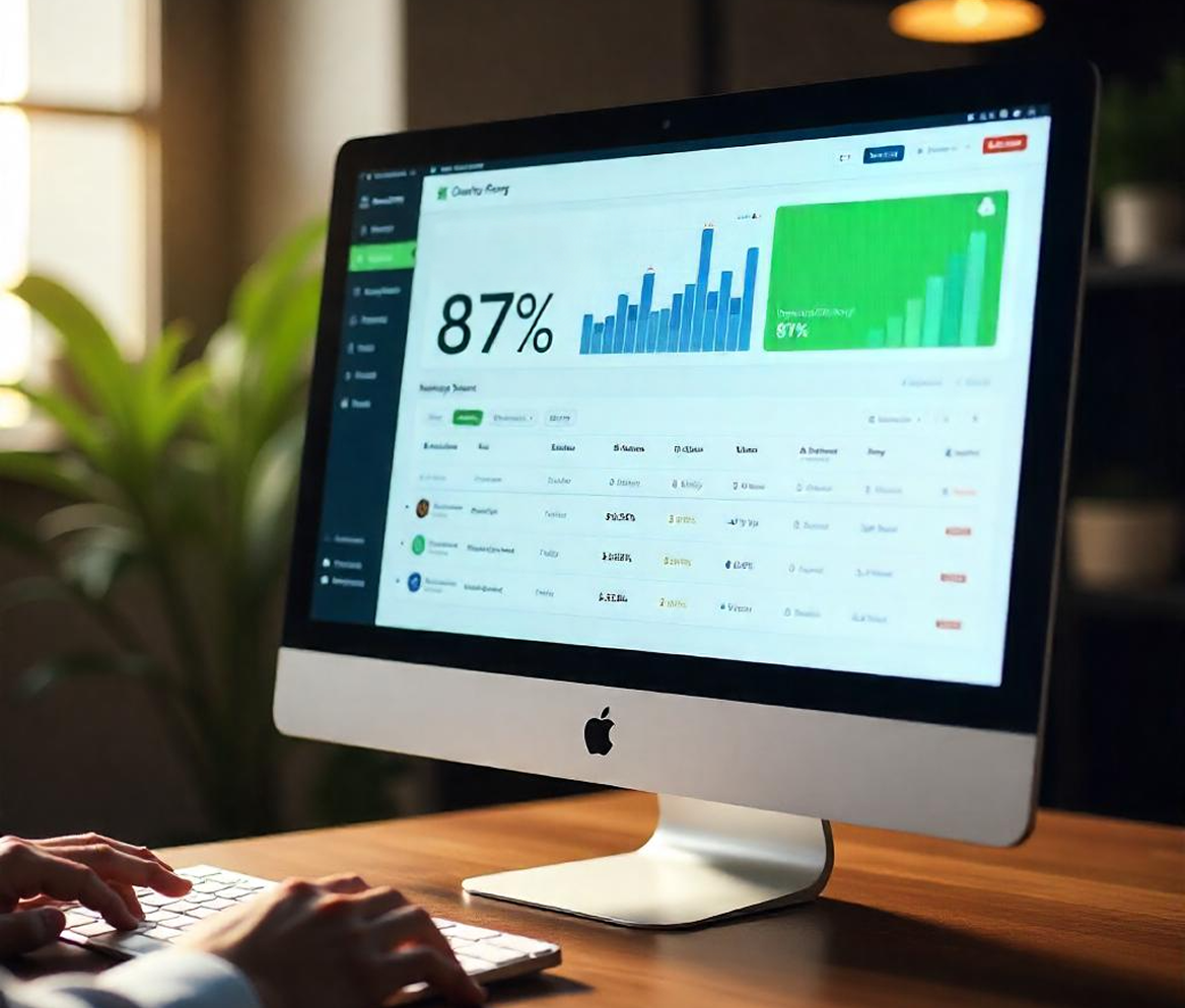 Computer screen displaying a dashboard with charts and an 87% statistic.