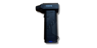 A black, T-shaped handheld device, the Hydrasyne, with blue indicator lights, on a white background.