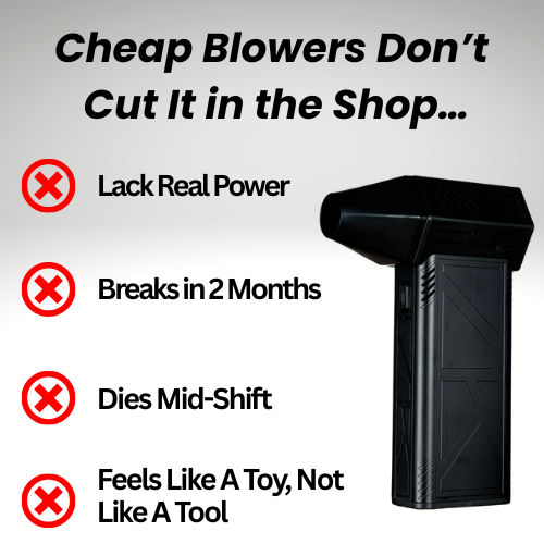 Image of a blower with text criticizing its quality and durability.